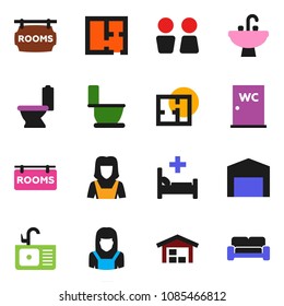 solid vector icon set - toilet vector, water closet, sink, cleaner woman, hospital bed, barn, plan, rooms signboard, cushioned furniture