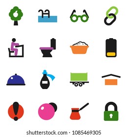 Solid Vector Icon Set - Toilet Vector, Foam Basin, Turk Coffee, Dish, Glasses, Student, Fitball, Attention, Truck Trailer, Dry Cargo, Link, Battery, Potion, Pool, Fruit Tree, Lock