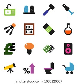 solid vector icon set - toilet vector, sink, meat hammer, spices, blender, mushroom, telescope, abacus, percent growth, pound, shuttlecock, speaker, flask, patch, pills blister, baby stroller