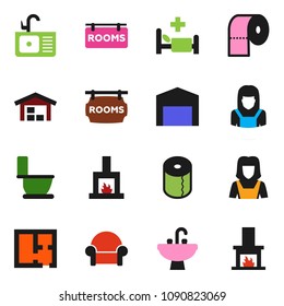 solid vector icon set - toilet vector, paper, sink, cleaner woman, hospital bed, barn, plan, rooms signboard, cushioned furniture, fireplace