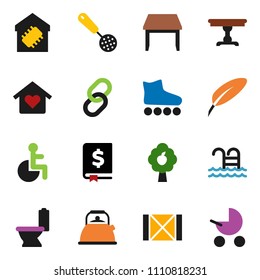 solid vector icon set - toilet vector, kettle, skimmer, pen, annual report, roller Skates, pool, wood box, link, disabled, fruit tree, table, love home, smart, baby stroller