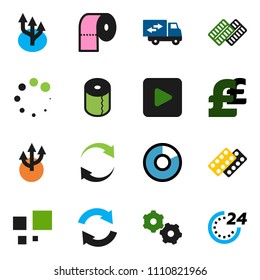solid vector icon set - toilet paper vector, pie graph, pound, play button, pills blister, gear, refresh, loading, route arrow, relocation truck, 24 hour