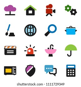 solid vector icon set - toilet brush vector, sink, pan, microwave oven, magnifier, umbrella, cinema clap, video camera, dialog, cloud network, gear, shield, globe, siren, house, calculator