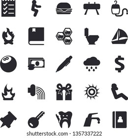 Solid Vector Icon Set - Toilet Flat Vector, Faucet, Hamburger, Honeycomb, Hose Irrigation, Bonfire, Rain, Cash, Dollar, Present, Sailboat, Blood Transfusion, Broken Tooth, To Do List, Pen, Textbook