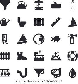 Solid vector icon set - toilet flat vector, pipes, level meter, warm floor, heating batteries, boiler, teapot, fish, lemonade, well, sprinkling machine, watering can, gumboots, radiator, funnel