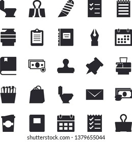 Solid vector icon set - toilet flat vector, stationery knife, French fries, coffe, cash, bags, clipboard, calendar, ink pen, to do list, copy machine, mail, notepad, textbook, notebook, pushpin