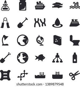 Solid vector icon set - toilet flat vector, groats, fish, shovel, drop, glass bottles, earth, chromosomes, reading lamp, hierarchy, gas burner, globe, dna, carpal expander, water, pool, fector
