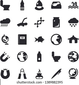 Solid vector icon set - toilet flat vector, fish, lawn mower, rain, pool, earth, drop, glass bottles, pen, moon, gas burner, globe, magnet, notebook, dna, carpal expander, water, fector, tent