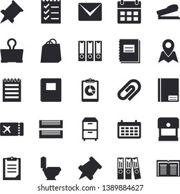 Solid vector icon set - toilet flat vector, graphic report, calendar, bags, clipboard, notebook, folder, to do list, paper tray, archive, stapler, mail, notepad, pushpin, folders for papers, clip