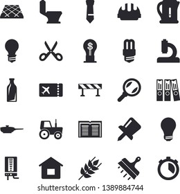 Solid vector icon set - toilet flat vector, energy saving lamp, hard hat, putty knife, flooring, barrier, boiler, frying pan, electric kettle, scissors, ear, tractor, glass bottles, magnifier, idea