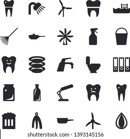 Solid vector icon set - toilet flat vector, shower, faucet, frying pan, saute, towel, plates, pulverizer, rake, bucketful, windmill, glass bottles, tooth, caries, dental crowns, reading lamp, pool