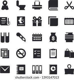 Solid vector icon set - toilet flat vector, stationery knife, scissors, location, wealth, calendar, bags, news, book balance accounting, present, clipboard, document, sticker, to do list, printer