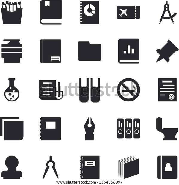 Solid vector icon set - toilet flat vector, French\
fries, chemistry, dividers, book balance accounting, notebook,\
document, computer file, ink pen, sticker, folder, copy machine,\
contract, stamp