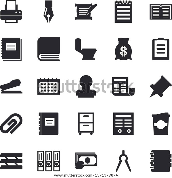 Solid vector icon set - toilet flat vector,
coffe, dividers, cash, wealth, calendar, clipboard, notebook,
document, ink pen, printer, paper tray, archive, contract, stamp,
book, stapler, notepad