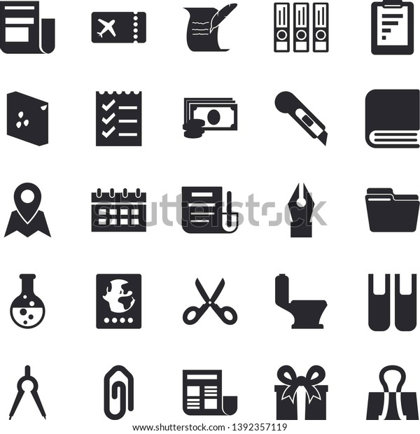 Solid vector icon set - toilet flat vector,\
stationery knife, scissors, groats, chemistry, dividers, graphic\
report, cash, news, present, document, computer file, ink pen, to\
do list, book, ticket