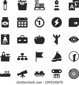 Solid vector icon set - tomato flat vector, French fries, jam, lighthouse, purse, sailboat, cash machine, briefcase, eye, bone fracture, lightning, beakers, lunar rover, telescope, classification