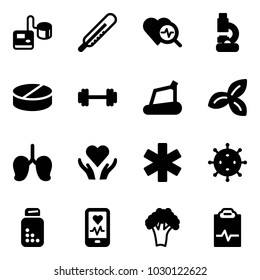 Solid vector icon set - tonometer vector, thermometer, heart diagnosis, lab, pill, barbell, treadmill, three leafs, lungs, care, ambulance star, virus, pills bottle, mobile monitor, broccoli