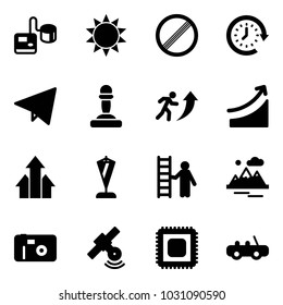 Solid vector icon set - tonometer vector, sun, no limit road sign, clock around, paper fly, pawn, career, rise, arrows up, pennant, opportunity, mountains, photo, satellite, cpu, toy car