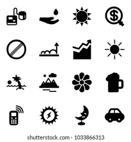 Solid vector icon set - tonometer vector, drop hand, sun, money click, no limit road sign, growth, palm, mountains, flower, beer, mobile phone, power, moon lamp, car