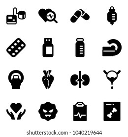 Solid vector icon set - tonometer vector, heart diagnosis, pills, drop counter, blister, bottle, vial, mri, kidneys, bladder, care, virus, pulse clipboard, x ray