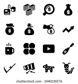 Solid vector icon set - tonometer vector, big cash, money search, bag, encashment, growth arrow, green tea, atom core, playback, chisel, scythe, xylophone, toy horse, caterpillar