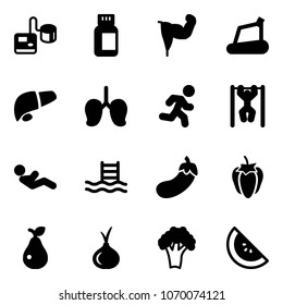 Solid vector icon set - tonometer vector, pills bottle, power hand, treadmill, liver, lungs, run, pull ups, abdominal muscles, pool, eggplant, sweet pepper, pear, onion, broccoli, watermelone