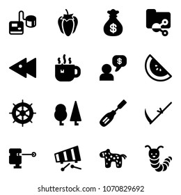 Solid vector icon set - tonometer vector, sweet pepper, money bag, shared folder, fast backward, hot tea, dialog, watermelone, hand wheel, forest, chisel, scythe, laser lever, xylophone, toy horse