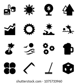 Solid Vector Icon Set - Tonometer Vector, Sun, Money Tree, Arrow Up, Growth, Reading, Palm, Waves, Flower, Beer, Atom Core, Staple, Rake, Cube Toy