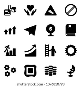 Solid vector icon set - tonometer vector, heart care, multi lane traffic road sign, no limit, arrows up, paper fly, money tree, book, career, rise, opportunity, sun, flower, cpu, carbon, moon lamp
