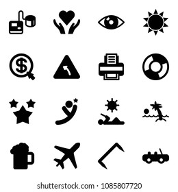 Solid vector icon set - tonometer vector, heart care, eye, sun, money click, turn left road sign, printer, circle chart, stars, flying man, reading, palm, beer, plane, staple, toy car