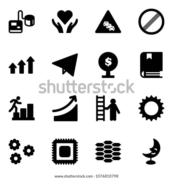 Solid vector icon set - tonometer vector, heart\
care, multi lane traffic road sign, no limit, arrows up, paper fly,\
money tree, book, career, rise, opportunity, sun, flower, cpu,\
carbon, moon lamp