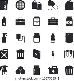 Solid vector icon set - tool bag flat vector, meashuring cup, groats, glass jar, sieve, sauce, jam, pulverizer, oil tanks, canister, bags, medical warmer, analysis, archive, beakers, pills, water