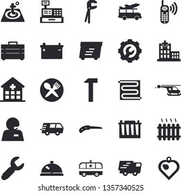 Solid vector icon set - tool flat vector, bag, repair, warm floor, hammer, knife, accumulator, wrench, radiator, phone call, trucking, express delivery, cash machine, hospital, ambulance, helicopter