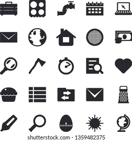 Solid Vector Icon Set - Tool Bag Flat Vector, Ax, Stopwatch, Kitchen Egg Timer, Electric Stove, Sieve, Grater, Cupcake, House, Sun, Main Pipeline, Earth, Magnifier, Cash, Marker, Heart, Laptop, Mail