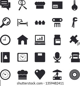 Solid vector icon set - tool flat vector, cook hat, egg, well, magnifier, clock, chat, barcode, heart, hospital bed, satellit, computer, weighing machine, vitamins, skipping rope, house, microphone