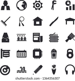 Solid vector icon set - tool flat vector, knives, spaghetti on a fork, carrot, popcorn, sprinkling machine, rake, cogwheel, fabric manufacture, motherboard, signboard, warehouse, person, statistics