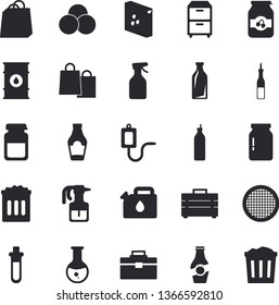 Solid vector icon set - tool bag flat vector, groats, glass jar, sieve, ketchup, sauce, jam, mustard, oil tanks, canister, bottles, bags, medical warmer, analysis, archive, beakers