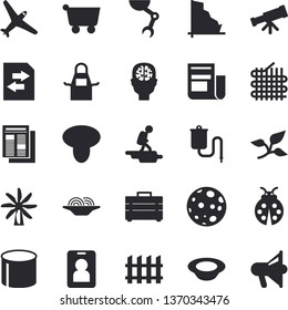 Solid vector icon set - tool bag flat vector, fence, apron, spaghetti, dish, mushroom, ladybird, windmill, tree leaf, fabric manufacture, pipe production, grocery trolley, crisis, news, robot hand