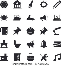 Solid vector icon set - tool flat vector, toilet, meashuring cup, teapot, coffee machine, cupcake, flower, sun, fireplace, mouthpiece, hospital, massage, drawing pin, reading lamp, pencil, copy