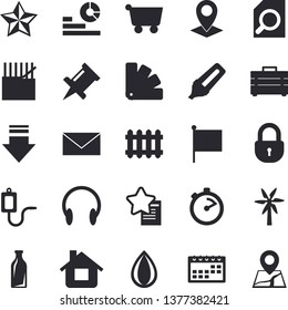 Solid vector icon set - tool bag flat vector, color scheme, stopwatch, windmill, house, fabric manufacture, glass bottles, radiator, grocery trolley, location, marker, statistics, flag, calendar