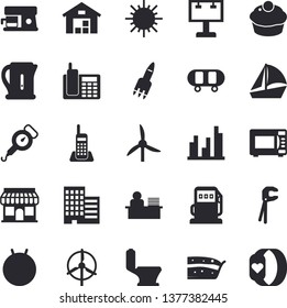 Solid vector icon set - tool flat vector, toilet, skyscraper, electric kettle, spring balance, microwave, coffee machine, cupcake, piece of cake, sun, windmill, refueling, store front, billboard