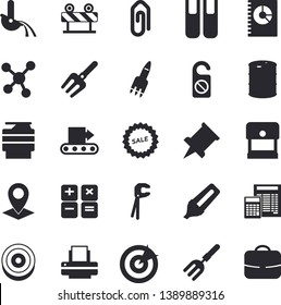 Solid vector icon set - tool flat vector, calculator, barrier, pitchfork, oil tanks, conveyor, metallurgy, location, marker, book balance accounting, sell out, molecules, target, printer, rocket