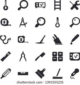 Solid vector icon set - tool flat vector, tape measure, level meter, putty knife, knives, temperature, thermometer, ladder, dividers, magnifier, calculator, pipette, stethoscope, scalpel, microphone