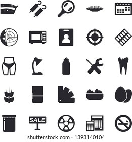 Solid vector icon set - tool flat vector, color scheme, calculator, microwave, fridge, egg, spaghetti, piece of cake, salad, shashlik, jam, ear, radiation, magnifier, sell out, pill packaging