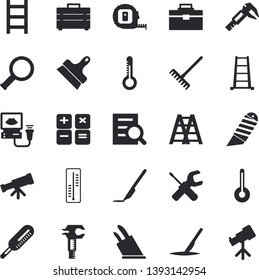 Solid vector icon set - tool flat vector, tape measure, bag, ladder, putty knife, stationery, knives, temperature, thermometer, rake, trammel, calculator, ultrasound, scalpel, magnifier, telescope
