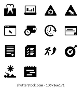 Solid vector icon set - tooth vector, account statistics, round motion road sign, multi lane traffic, cursor browser, wallet time, clock around, schedule, agreement, list, career, target, reading