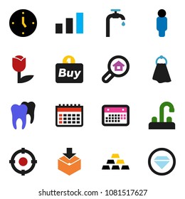 solid vector icon set - towel vector, water tap, clock, man, gold ingot, calendar, tulip, package, sorting, tooth, supply, search estate, target, buy, diamond ring