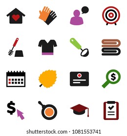 solid vector icon set - towel vector, toilet brush, rubber glove, pan, ladle, graduate hat, certificate, leaf, money search, target, calendar, dollar cursor, t shirt, speaking man, love home