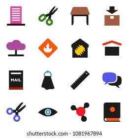 solid vector icon set - towel vector, ruler, scissors, molecule, dry cargo, package, flammable, dialog, eye, cloud network, mailbox, table, smart home, building, catalog