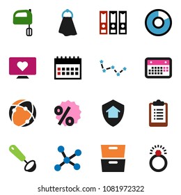 solid vector icon set - towel vector, ladle, mixer, archive, constellation, pie graph, binder, calendar, clipboard, heart monitor, connection, network, home protect, percent, diamond ring
